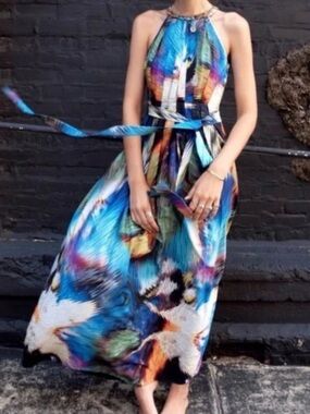 Anthropologie Ranna Gill Tropicalia Pleated Maxi Dress Watercolor Blue Sz Small